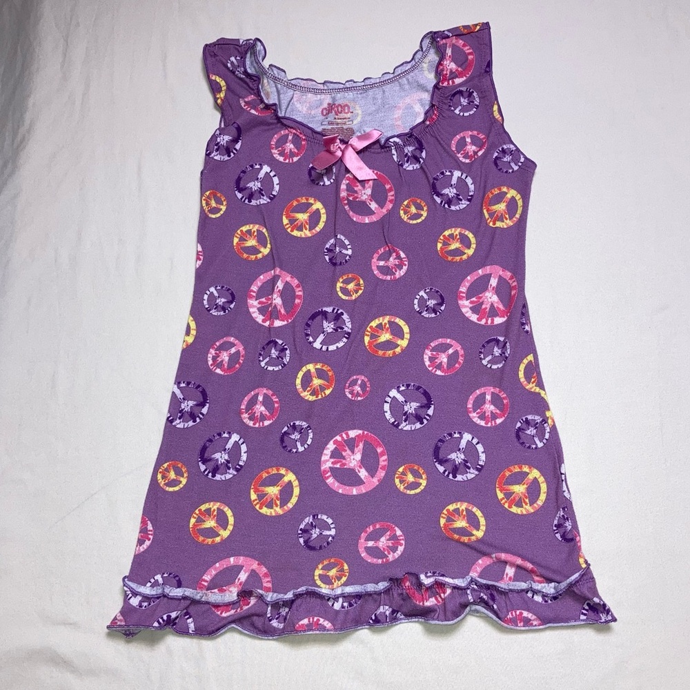 Peace Sign Purple Nightgown Girl’s 6-7 Pajama Ruffle Sleepwear Summer Lighweight